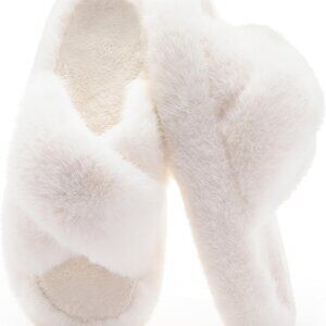 Women's Fuzzy House Slippers Memory Foam Open Toe Cross Band Indoor Outdoor